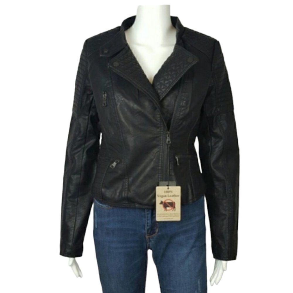 CI SONO Vegan Leather Motto Jacket With Detailed Texture Zip Up Biker